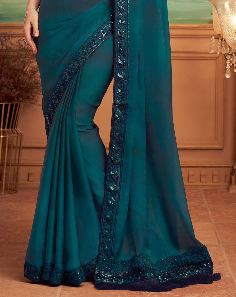 Dark Teal & Navy Blue Designer Embroidered Silk Party Wear Saree ...