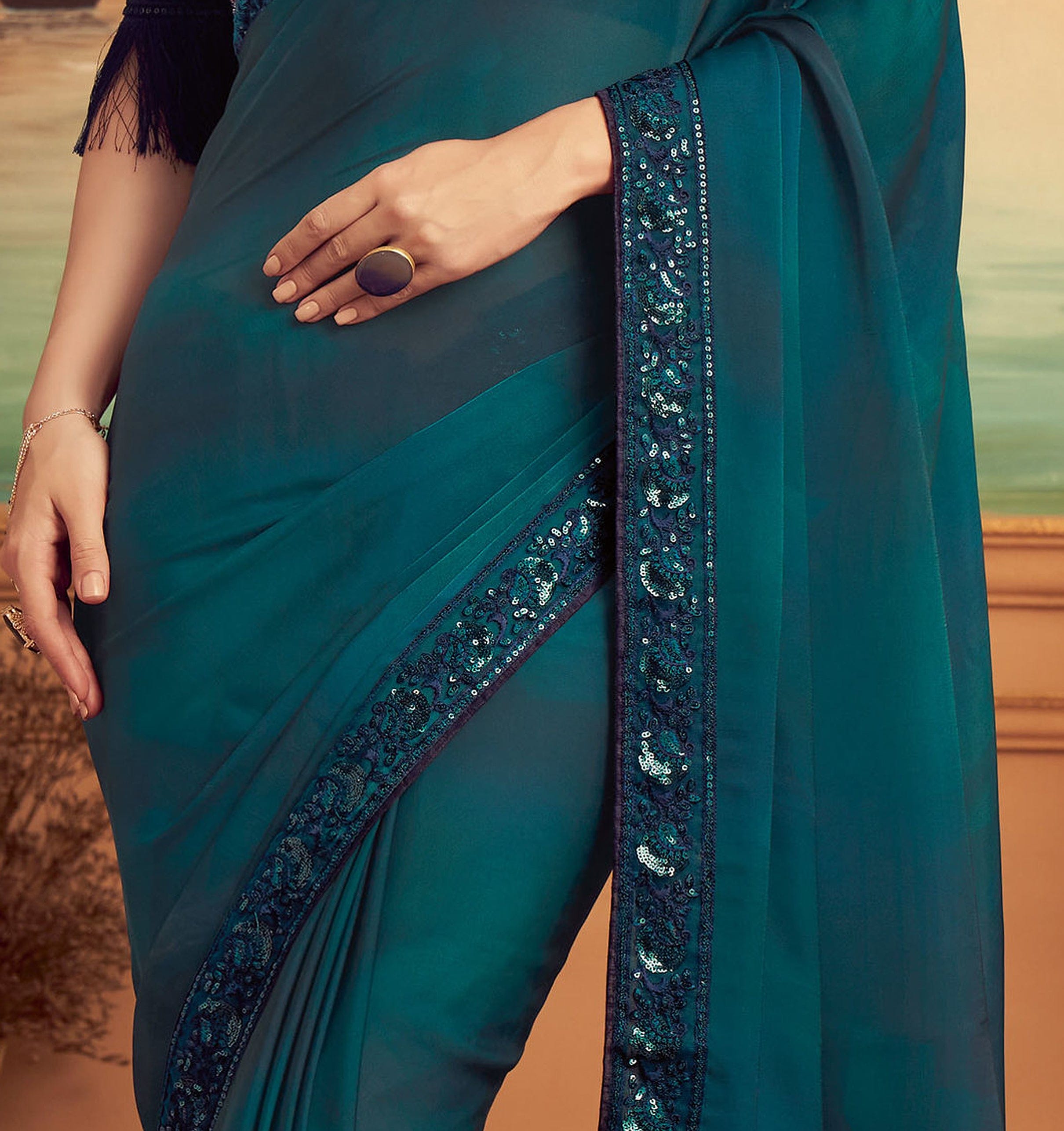 Dark Teal & Navy Blue Designer Embroidered Silk Party Wear Saree ...