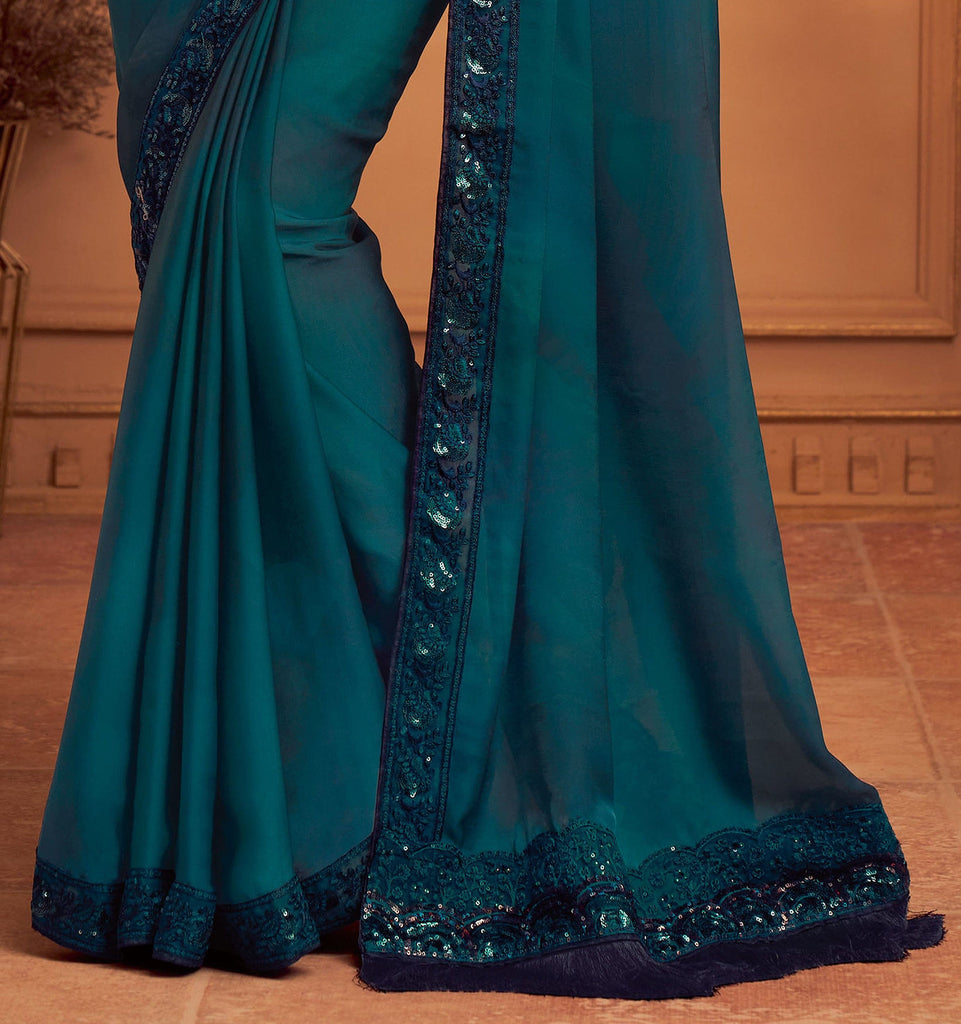 Dark Teal & Navy Blue Designer Embroidered Silk Party Wear Saree-Saira's Boutique