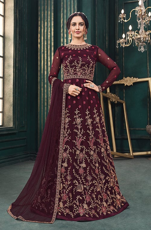 Wine Colour Anarkali Suit Indo Western Style Long Dress for Wedding