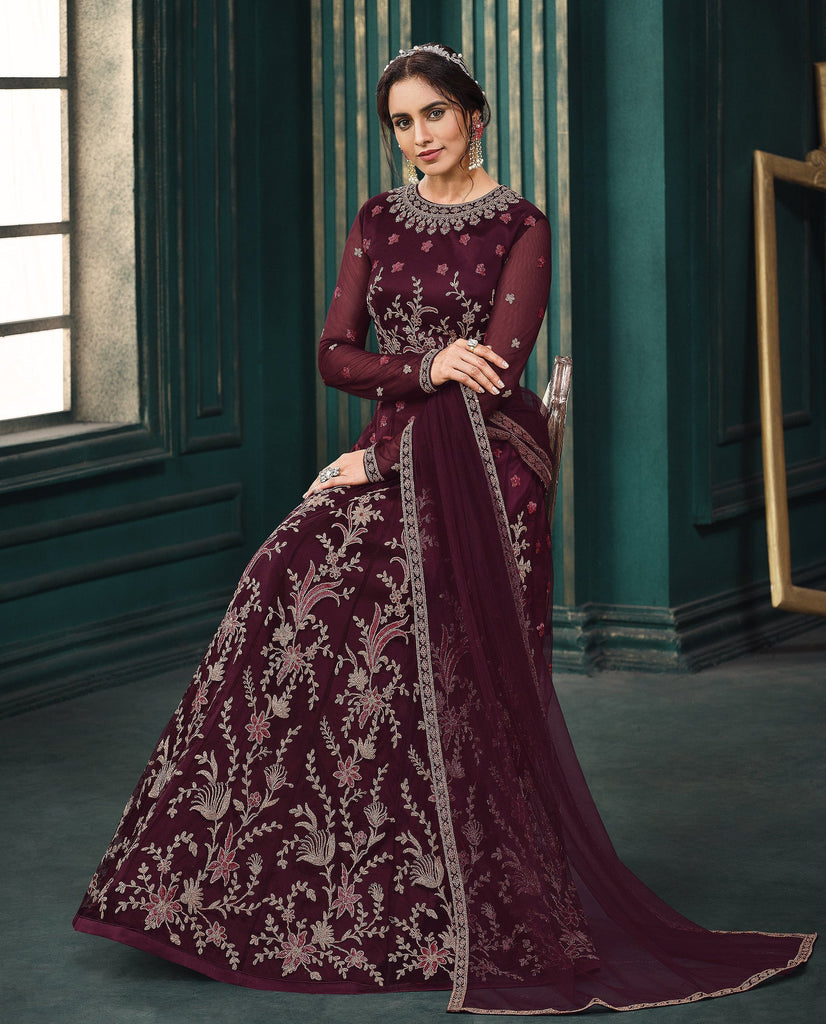 Buy Wine Georgette Embroidered Kali Style Lehenga Set Wedding Wear Online  at Best Price | Cbazaar