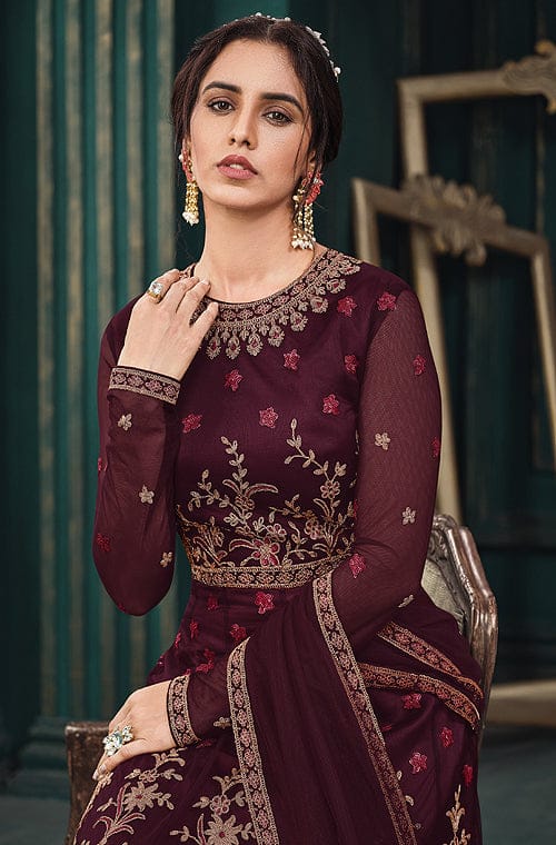 Dark Wine Designer Embroidered Net Wedding Anarkali Gown-Saira's Boutique