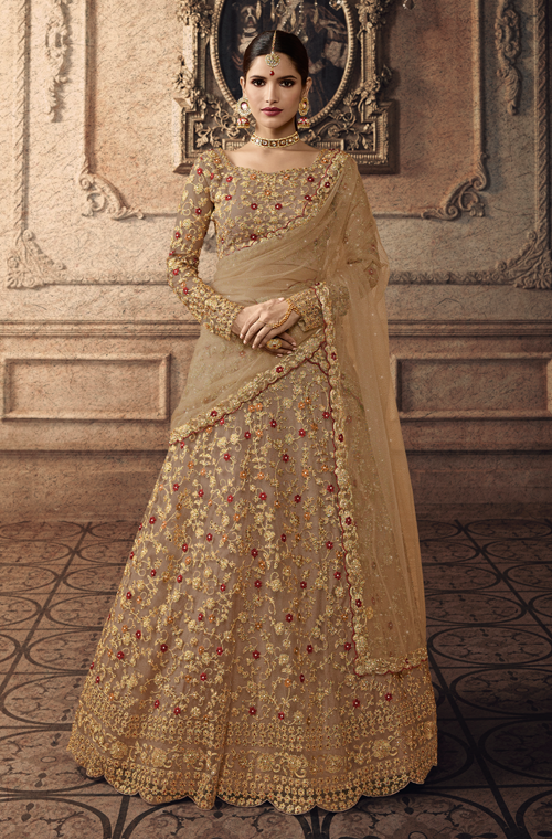 Dark Beige Designer Heavy Embroidered Net Wedding Lehenga Saira s Boutique