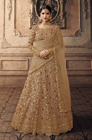 Dark Beige Designer Heavy Embroidered Net Wedding Lehenga