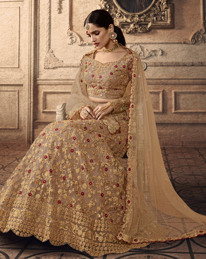 Dark Beige Designer Heavy Embroidered Net Wedding Lehenga-Saira's Boutique