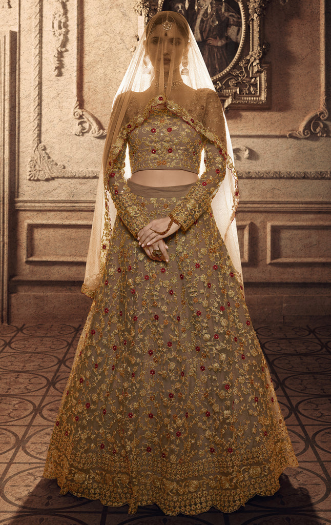 Dark Beige Designer Heavy Embroidered Net Wedding Lehenga-Saira's Boutique