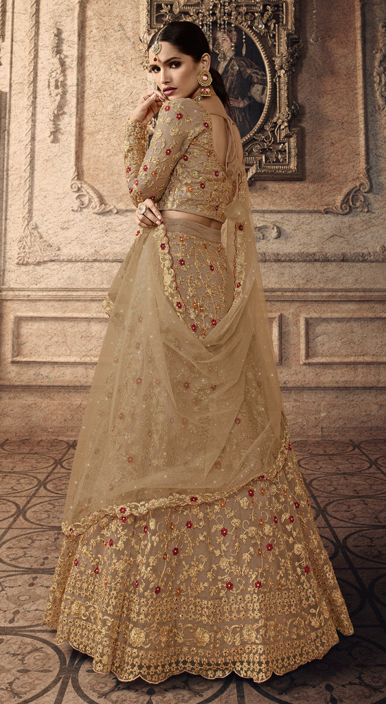 Dark Beige Designer Heavy Embroidered Net Wedding Lehenga-Saira's Boutique