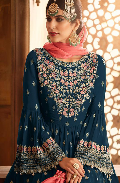 Dark Blue & Coral Pink Designer Heavy Embroidered Georgette Sharara Suit-Saira's Boutique