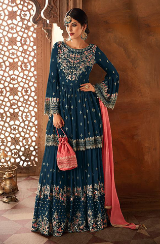 Gray & Coral Pink Designer Heavy Embroidered Georgette Sharara Suit