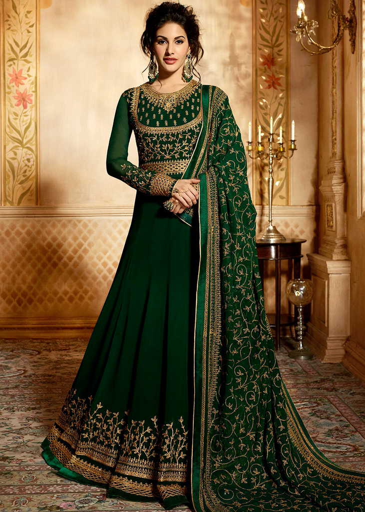 Dark Green & Gold Designer Embroidered Georgette Party Wear Anarkali Suit-Saira's Boutique