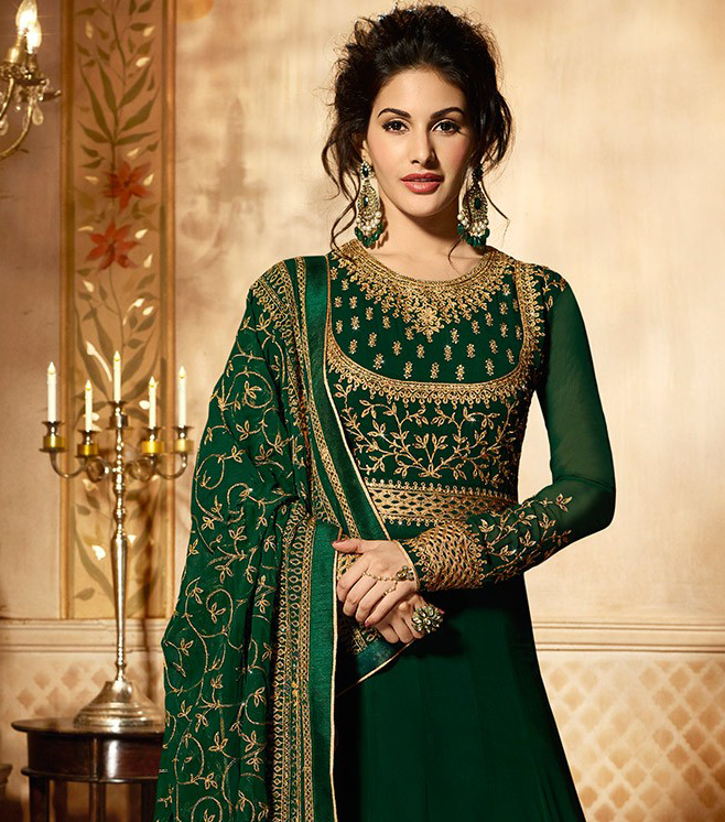Dark Green & Gold Designer Embroidered Georgette Party Wear Anarkali Suit-Saira's Boutique