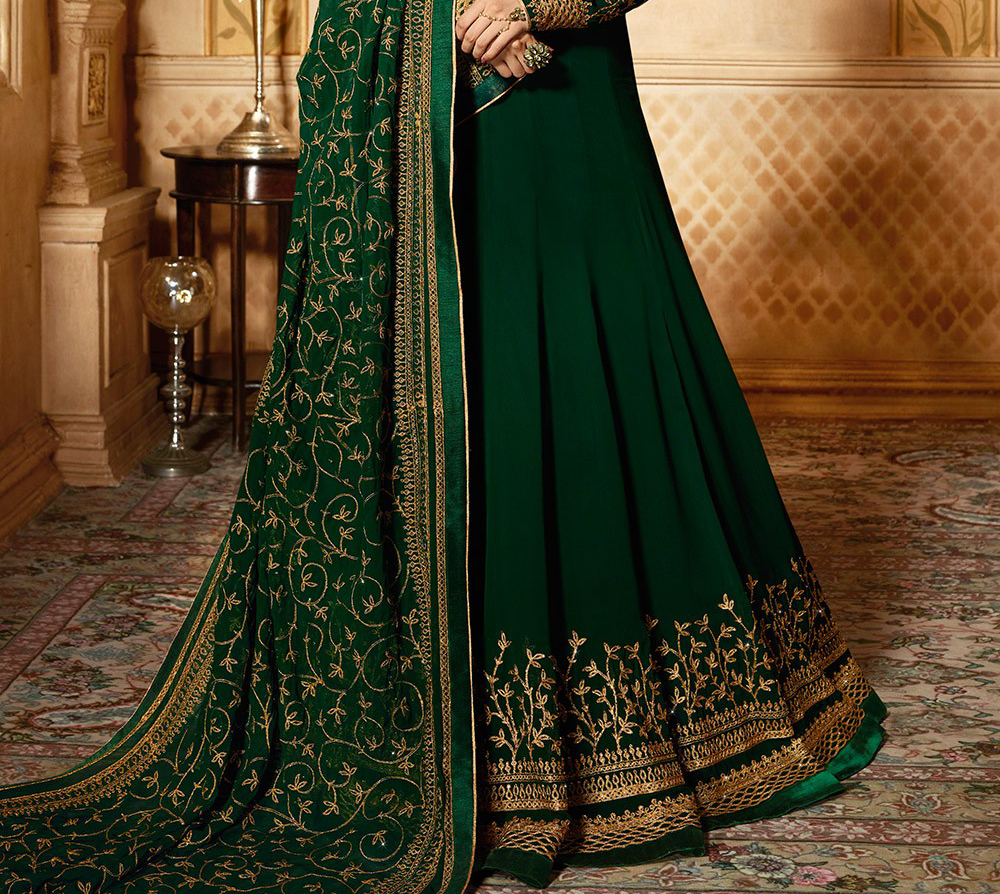 Dark Green & Gold Designer Embroidered Georgette Party Wear Anarkali Suit-Saira's Boutique