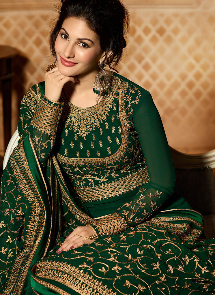 Dark Green & Gold Designer Embroidered Georgette Party Wear Anarkali Suit-Saira's Boutique