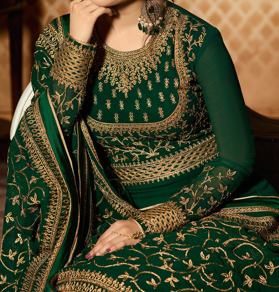 Dark Green & Gold Designer Embroidered Georgette Party Wear Anarkali Suit-Saira's Boutique