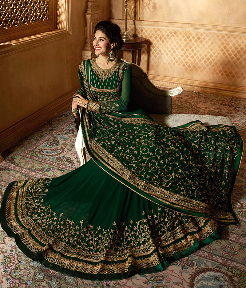 Dark Green & Gold Designer Embroidered Georgette Party Wear Anarkali Suit-Saira's Boutique