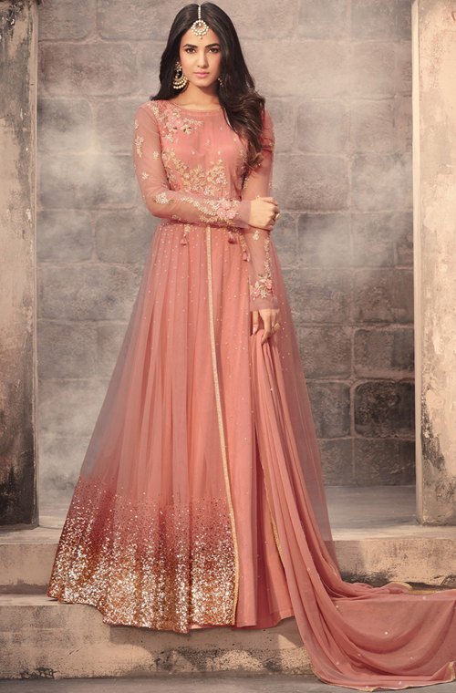 Dark Peach Designer Embroidered Net Wedding Anarkali Suit-Saira's Boutique