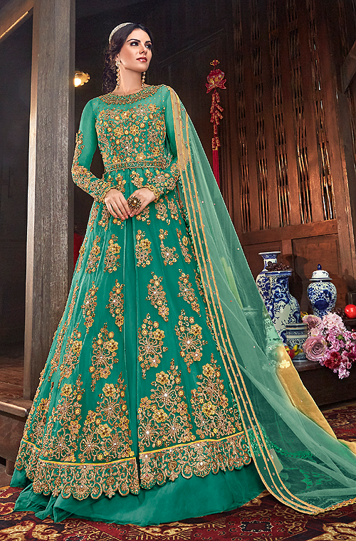 Buy online Sea Green Cotton Flared Gown from ethnic wear for Women by  Saanjh for ₹1979 at 59% off | 2024 Limeroad.com