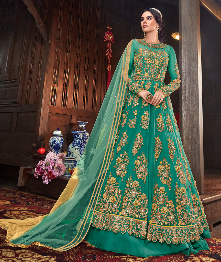 Sea Green Color Embroidered Net Designer Gown