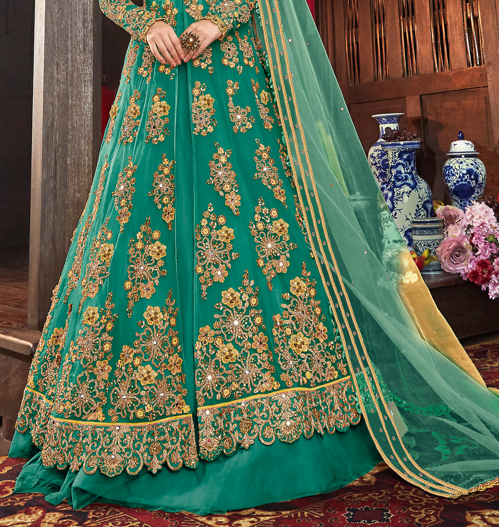 Designer Pista Green Gown With Floral Patch Work