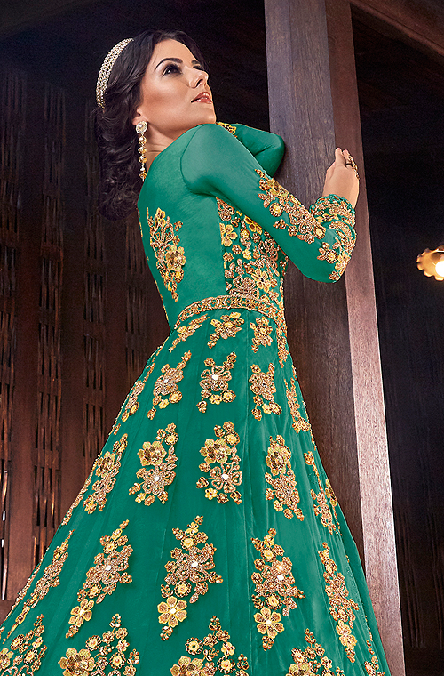 Dark Sea Green Designer Heavy Embroidered Bridal Anarkali Gown-Saira's Boutique