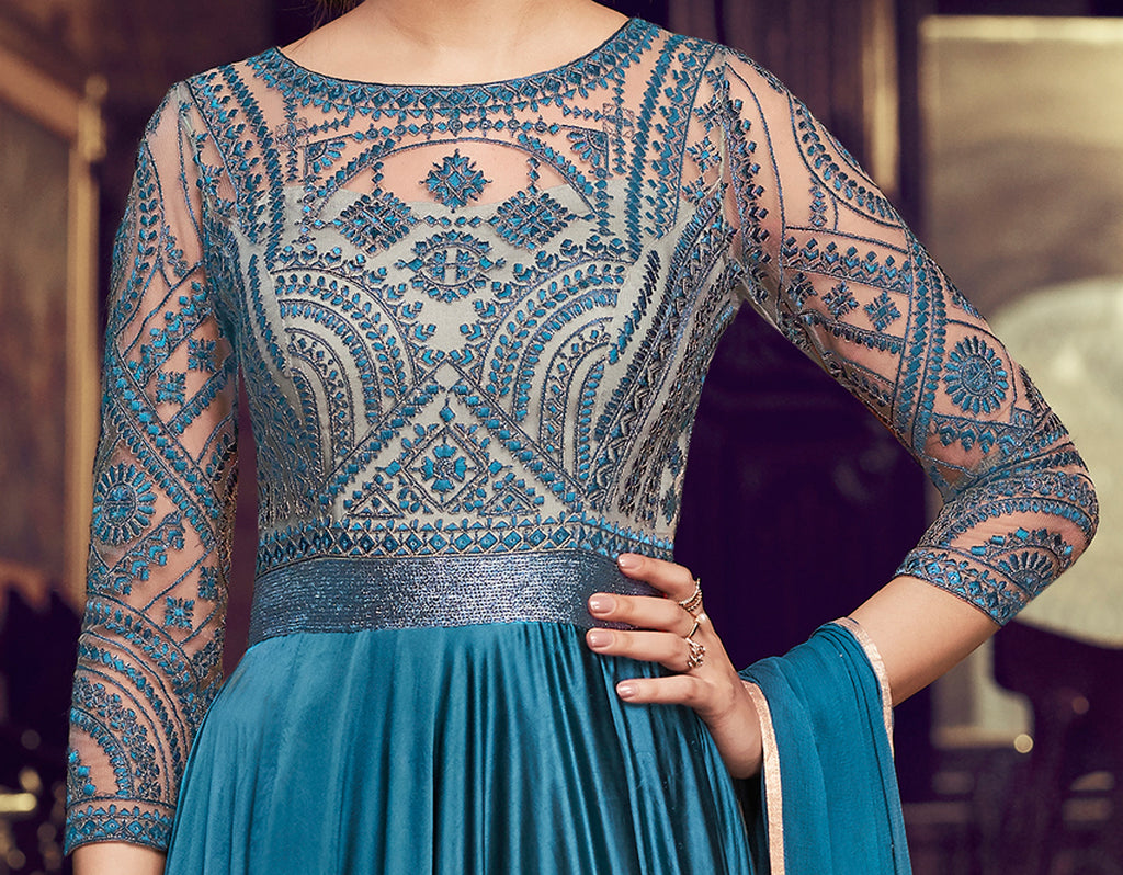 Deep Teal Blue Designer Embroidered Satin Anarkali Gown-Saira's Boutique