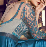 Deep Teal Blue Designer Embroidered Satin Anarkali Gown-Saira's Boutique