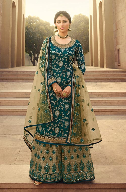 Deep Teal Designer Embroidered Jacquard Wedding Palazzo Suit