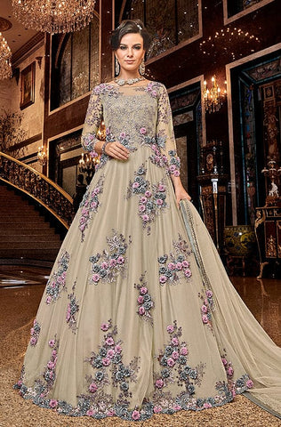 Cream Beige Designer Embroidered Satin Bridal Anarkali Gown