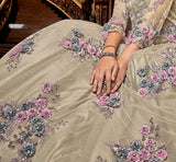 Dull Khaki Designer Heavy Embroidered Net Wedding Anarkali Gown-Saira's Boutique
