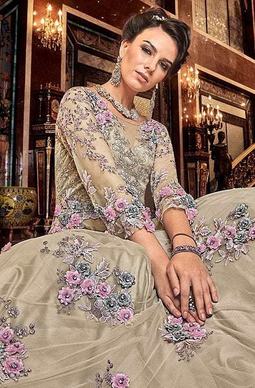 Dull Khaki Designer Heavy Embroidered Net Wedding Anarkali Gown-Saira's Boutique