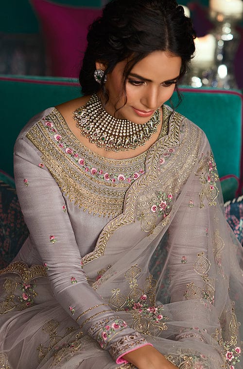 Dull Mauve Designer Embroidered Wedding Silk Pant Suit-Saira's Boutique