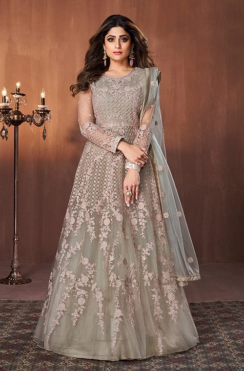 Dull Taupe Designer Heavy Embroidered Wedding Anarkali Suit-Saira's Boutique