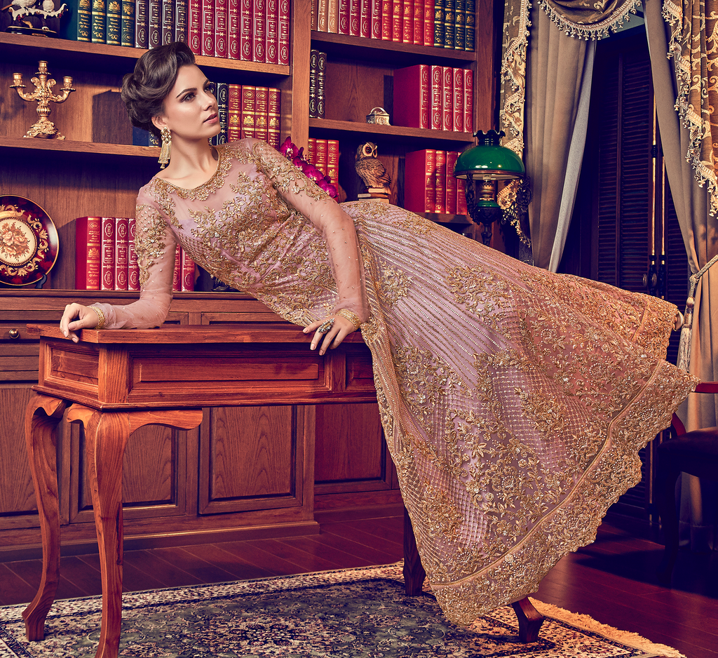 Dull Rose Pink Designer Heavy Embroidered Net Bridal Anarkali Gown-Saira's Boutique