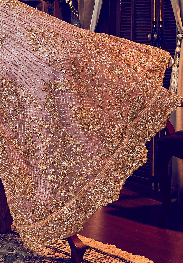 Dull Rose Pink Designer Heavy Embroidered Net Bridal Anarkali Gown-Saira's Boutique