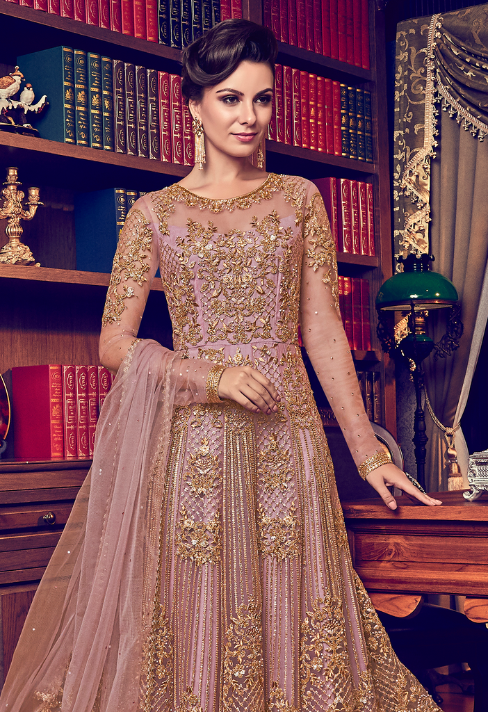 Dull Rose Pink Designer Heavy Embroidered Net Bridal Anarkali Gown-Saira's Boutique