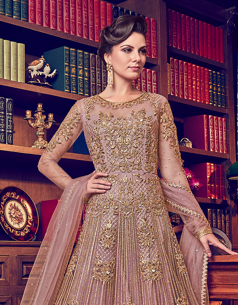 Dull Rose Pink Designer Heavy Embroidered Net Bridal Anarkali Gown-Saira's Boutique