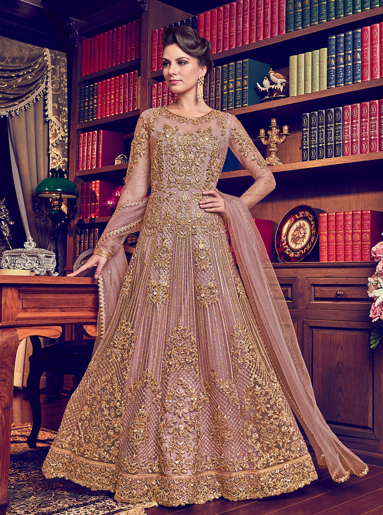 Dull Rose Pink Designer Heavy Embroidered Net Bridal Anarkali Gown-Saira's Boutique