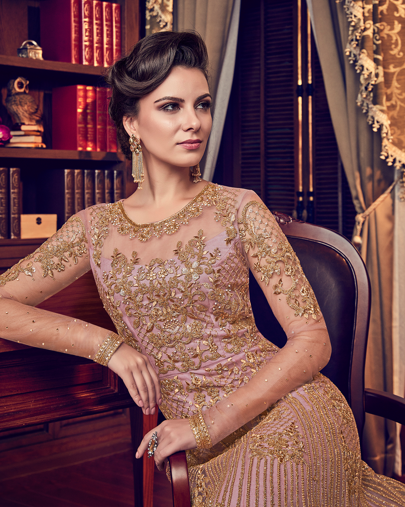 Dull Rose Pink Designer Heavy Embroidered Net Bridal Anarkali Gown-Saira's Boutique