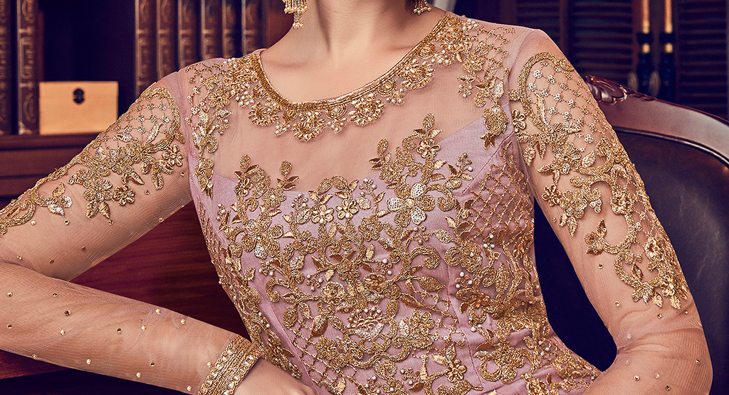 Dull Rose Pink Designer Heavy Embroidered Net Bridal Anarkali Gown-Saira's Boutique
