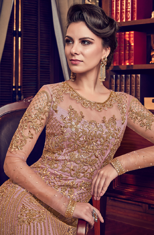 Dull Rose Pink Designer Heavy Embroidered Net Bridal Anarkali Gown-Saira's Boutique