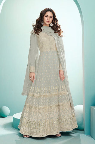 Peacock Blue Designer Heavy Embroidered Wedding Anarkali Gown