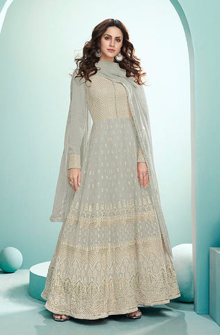 Light Cream Beige Designer Embroidered Party Wear Anarkali Suit