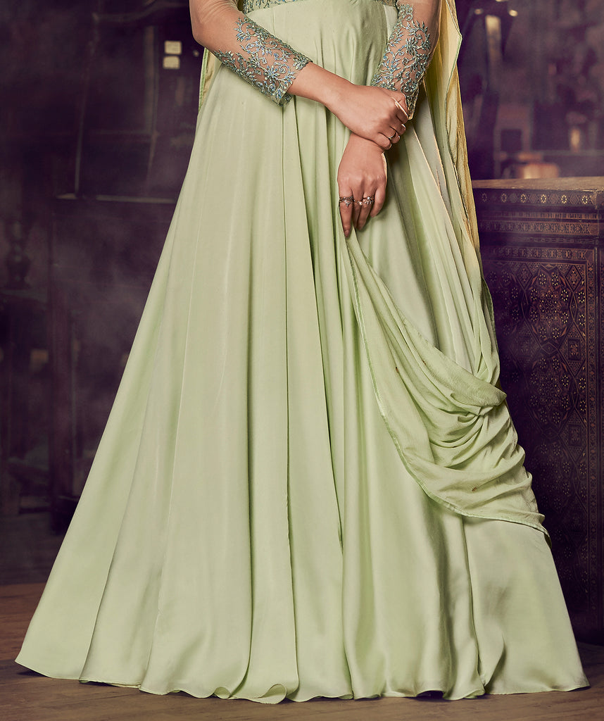 Dusty Green Designer Embroidered Satin Anarkali Gown-Saira's Boutique
