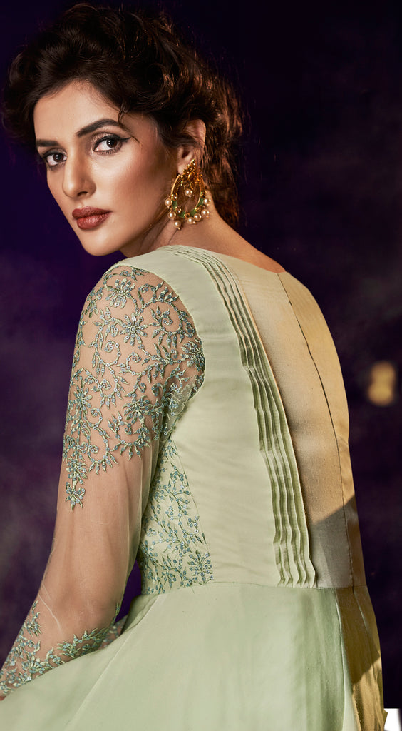 Dusty Green Designer Embroidered Satin Anarkali Gown-Saira's Boutique