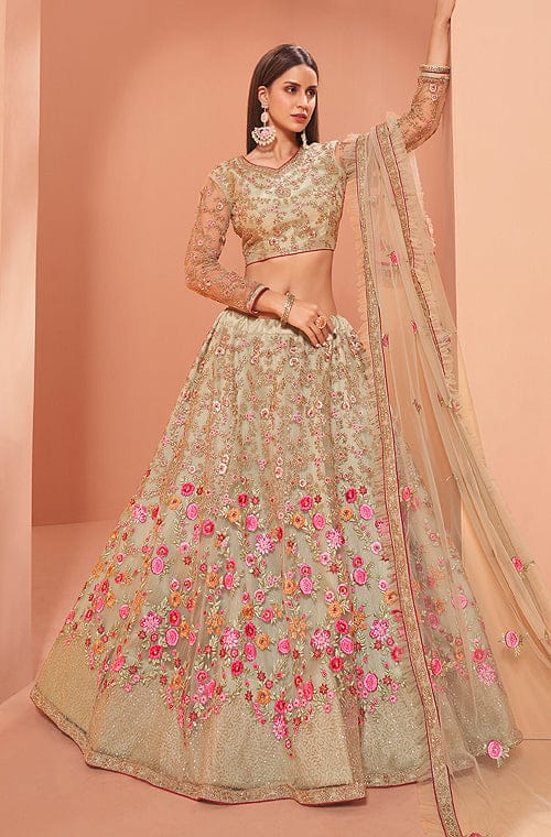 Dusty Khaki Designer Heavy Embroidered Silk Bridal Lehenga