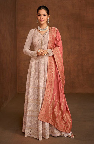 Light Cream Beige Designer Embroidered Party Wear Anarkali Suit