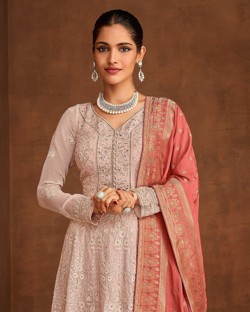 Dusty Mauve Peach Designer Embroidered Floor Length Anarkali Saira s Boutique