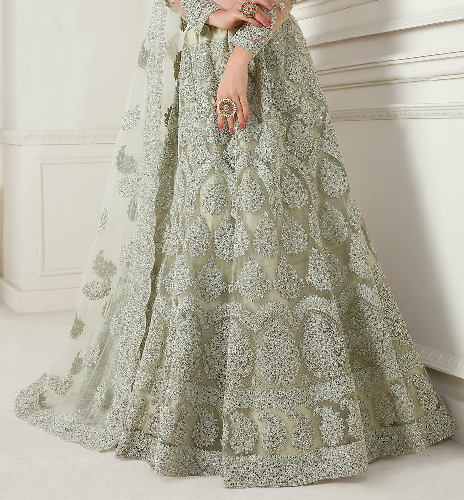 Dusty Mint Green Designer Heavy Embroidered Bridal Lehenga-Saira's Boutique