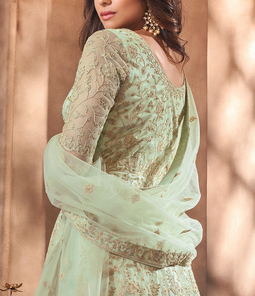 Dusty Mint Green Designer Heavy Embroidered Net Bridal Anarkali Suit-Saira's Boutique