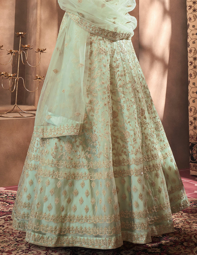 Dusty Mint Green Designer Heavy Embroidered Net Bridal Anarkali Suit-Saira's Boutique